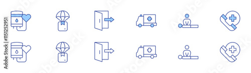 Emergency icon set in two styles, Duotone and Thin Line style. Editable stroke. ambulance, cpr, emergency, blood donation, delivery box