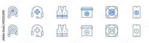 Emergency icon set in two styles, Duotone and Thin Line style. Editable stroke. fire hose, first aid kit, maritime rescue, phone call, smart home, vest