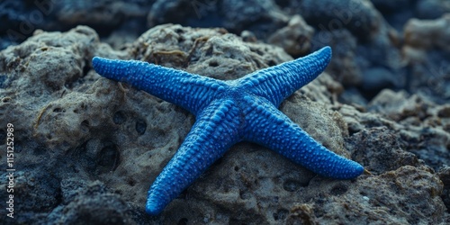 Single blue starfish on a lifeless coral reef. The presence of a blue starfish highlights the impact of destructive practices like dynamite fishing on coral reef ecosystems. photo