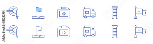 Emergency icon set in two styles, Duotone and Thin Line style. Editable stroke. fire hose, flag, medical kit, fire truck, ladder, red cross