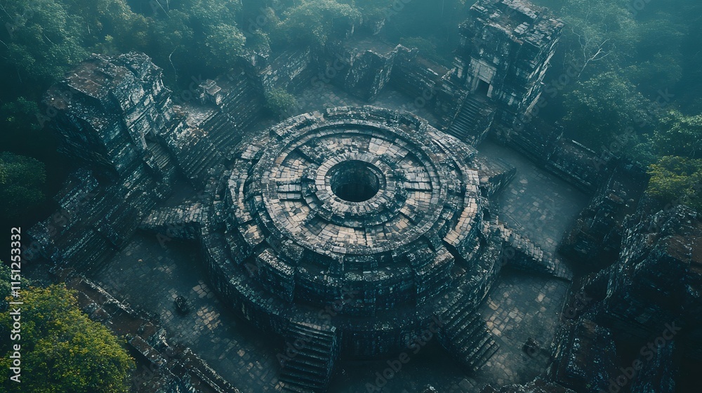 Ancient circular stone temple ruins surrounded by lush greenery. Ancient circular stone temple ruins surrounded by lush greenery.