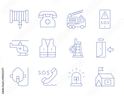 Emergency icons. Thin Line style, editable stroke. emergency number, sos, emergency exit, vest, fire hose, fire truck, helicopter, lifeguard chair, oxygen mask, siren, tent