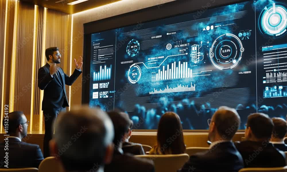 Businessman presenting data analytics on a large screen to a corporate audience.