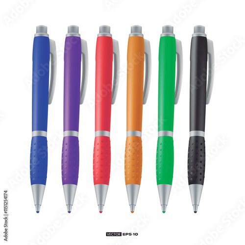 Set of pens in various colors. blue, red, purple, green, orange and black.