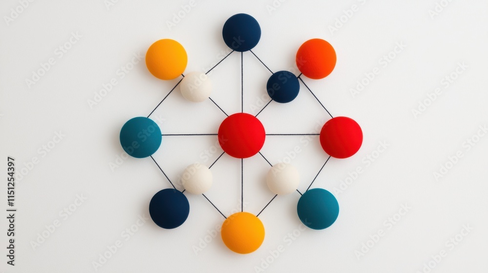 Fototapeta premium A colorful geometric arrangement of circular shapes connected by lines, creating an eye-catching design on a white background.