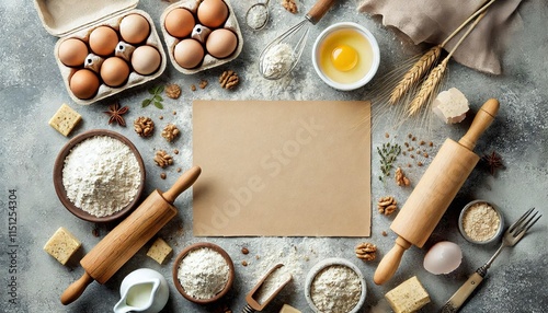 A vintage wooden frame holds a blank recipe card on a rustic kitchen table, surrounded by fresh baking ingredients and spices ready for Christmas cookie baking