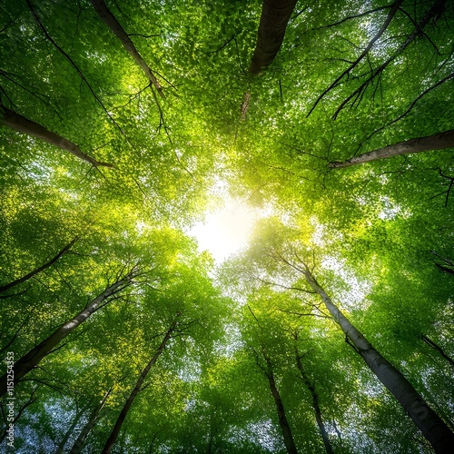 A photo of a lush forest canopy with sunlight filtering through the leaves. 