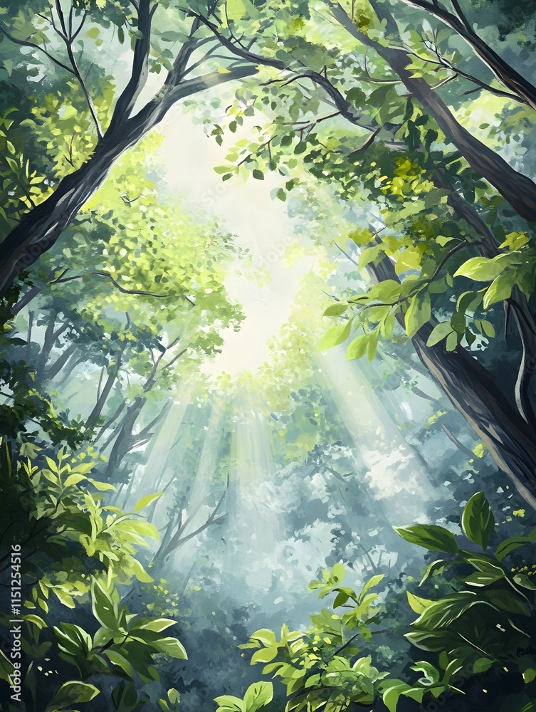 Obraz premium A photo of a lush forest canopy with sunlight filtering through the leaves. 