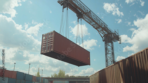 Żuraw unosi kontener transportowy i umieszcza go na pociągu towarowym. photo