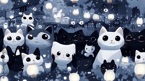 Cats enjoying a moonlit Japanese festival, wearing yukata and carrying lanterns, with a backdrop of shimmering fireworks and glowing food stalls, enchanting and cheerful ambiance, hd quality.