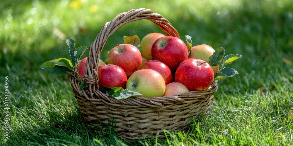Fresh organic apples arranged in a basket on lush grass, showcasing the vibrant colors and natural beauty of organic apples in a delightful outdoor setting. Fresh organic apples arranged in a basket on lush grass, showcasing the vibrant colors and natural beauty of organic apples in a delightful outdoor setting.