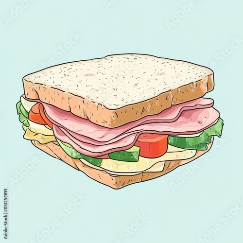 A colorful sandwich with layers of fresh vegetables and deli meats, set against a light blue background. photo