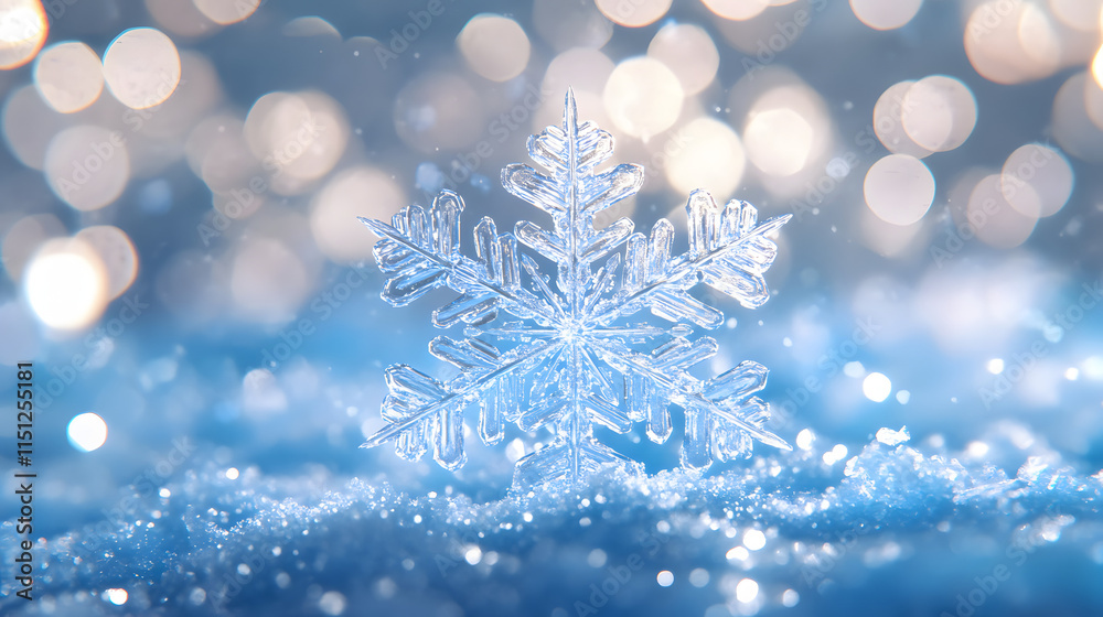 Delicate snowflake resting on sparkling blue surface with glimmering background lights during winter Delicate snowflake resting on sparkling blue surface with glimmering background lights during winter
