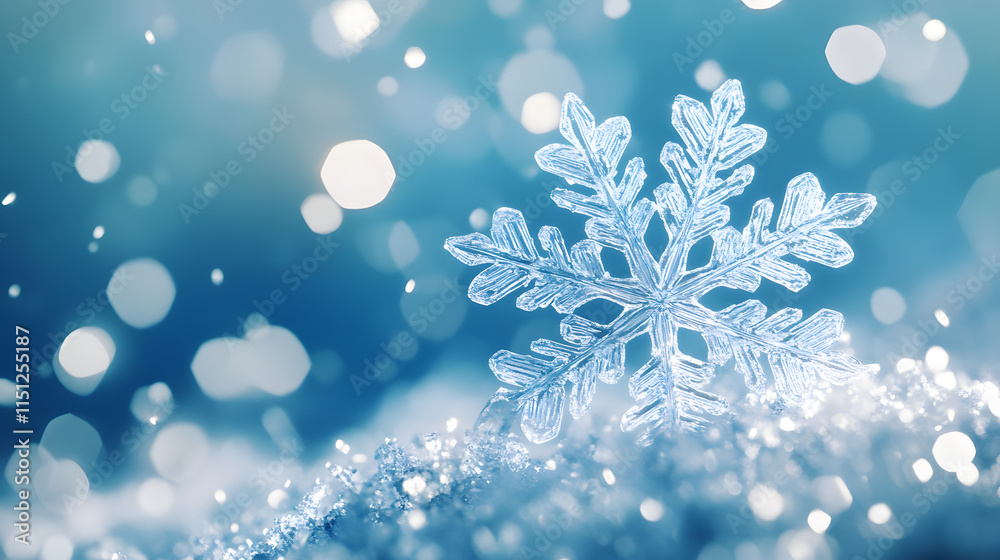 Beautiful snowflake resting on a soft blanket of snow under a wintry blue sky with gentle falling snowflakes
