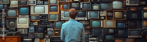 A man captivated by a colossal wall of antique televisions and electronics, evoking a sense of curiosity and the charm of obsolete technology photo