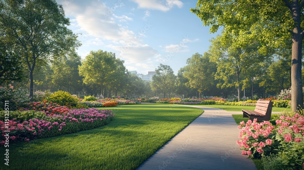 Obraz premium Serene park path with blooming flowers and bench.
