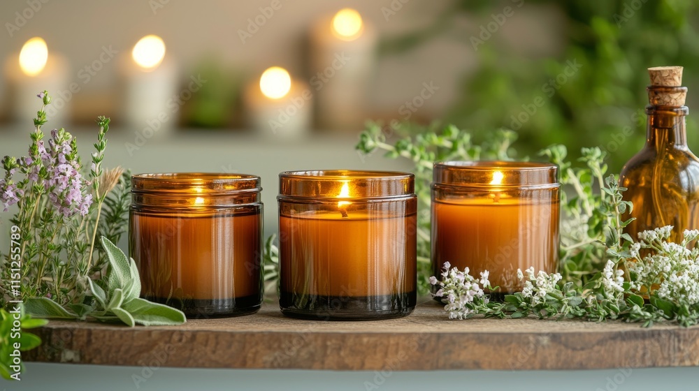 A set of hand-poured soy candles in recycled glass jars, surrounded by herbs and vintage apothecary bottles A set of hand-poured soy candles in recycled glass jars, surrounded by herbs and vintage apothecary bottles