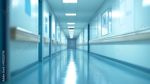 Abstract defocused blurred technology space background in a modern medical corridor featuring empty hospital or laboratory environment for healthcare and scientific visuals.