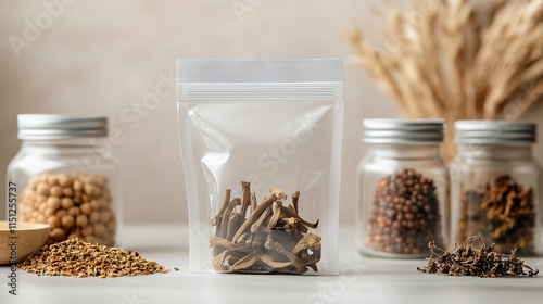 Licorice Root Extract in a resealable poly bag on a light beige background, exuding a neutral and calming visual tone. photo