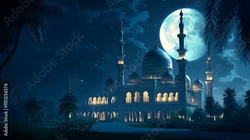 luxurious and magnificent mosque building, with a large and beautiful garden, with a beautiful view of the full moon at night photo