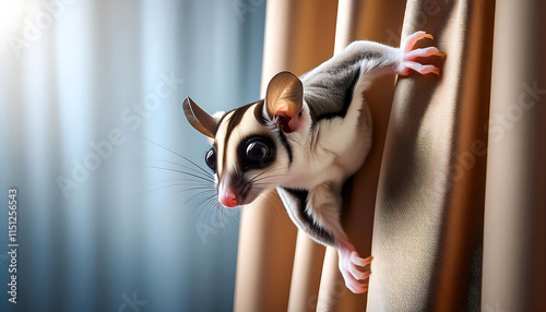 Realistic Illustration of a Sugar Glider Climbing a Curtain with Gliding Membrane photo