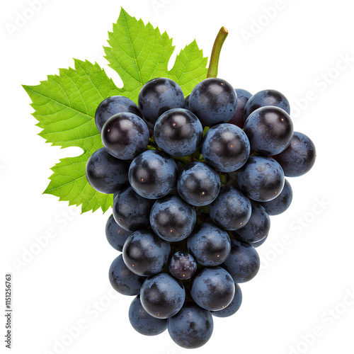 A cluster of dark purple grapes with glossy skin, complemented by vibrant green leaves, isolated on black.