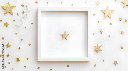 Decorative arrangement with golden stars and a white frame for a festive atmosphere