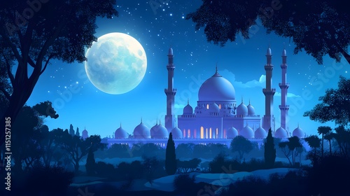 luxurious and magnificent mosque building, with a large and beautiful garden, with a beautiful view of the full moon at night photo