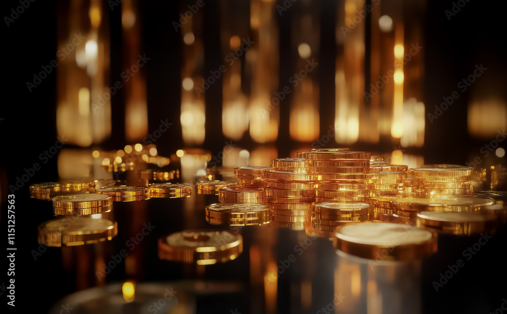 Obraz premium A luxurious arrangement of golden coins and bars, gleaming under warm light, evoking wealth and prosperity in a rich and elegant setting.