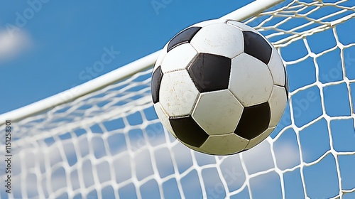 A black and white soccer ball hitting the net against a clear blue sky, symbolizing victory and excitement in sports.