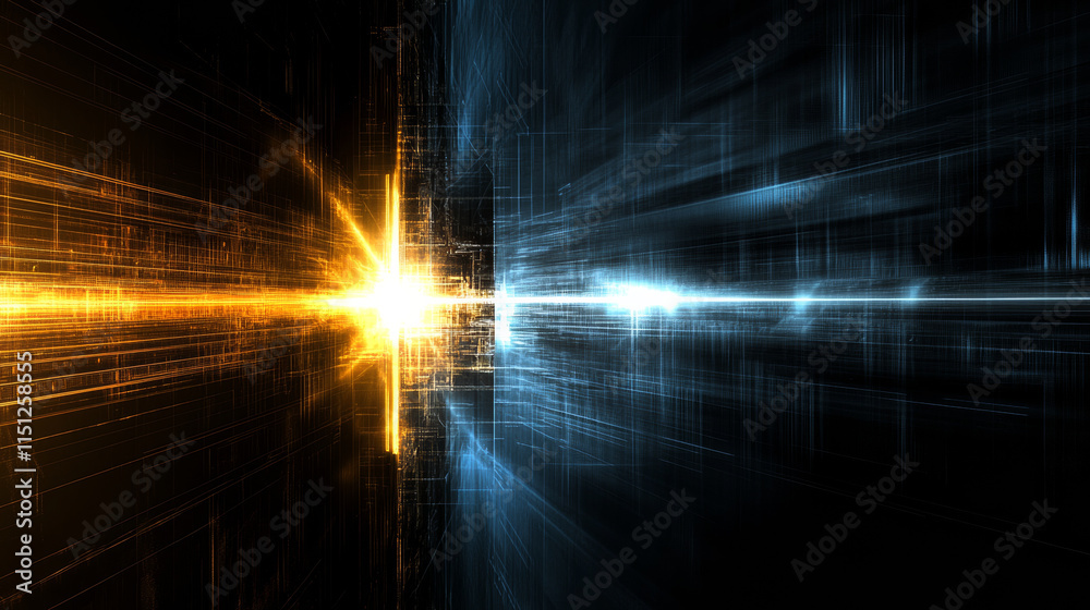 Obraz premium abstract background featuring dynamic lines of orange and blue light, creating sense of chaos and energy. This visually striking image evokes feelings of movement and depth