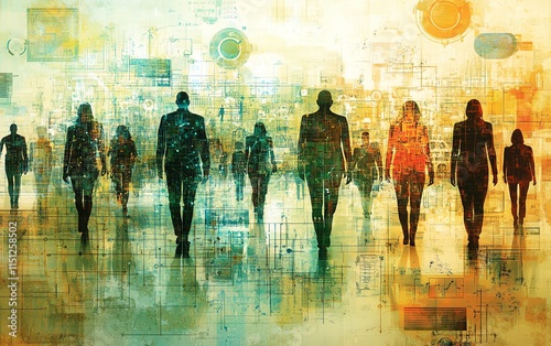 An intricate web of interconnected people and machines, symbolizing the fusion of human and technological networks