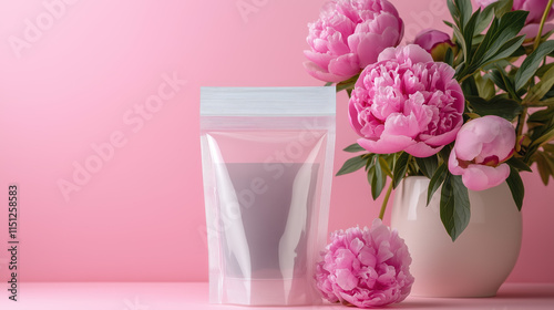 Resealable Clear Poly Bag Holding Peony Root Extract, Placed on a Soft Pastel Pink Background with Feminine and Delicate Styling, Professional Stock Photography photo