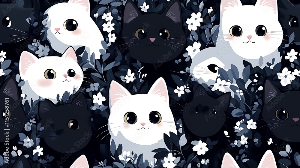 Obraz premium Cats surrounded by vibrant floral wreaths, soft pink and lavender blossoms, and lush green leaves, set against a glowing, ethereal background, whimsical and enchanting ambiance, hd quality.