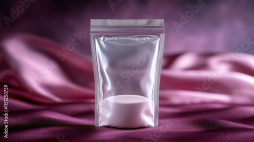 Resealable Clear Poly Bag Containing Grapeseed Extract Powder, Placed on a Dark Purple Background with Gentle Lighting, Bold and Luxurious Presentation photo