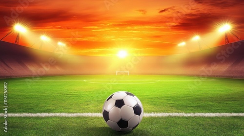 A soccer ball sits on a vibrant green field under a stunning sunset sky, with stadium lights illuminating the scene.
