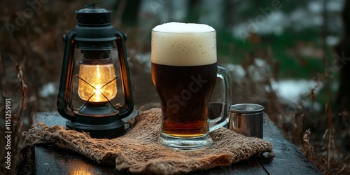 A close view of a dark beer glass topped with foam sits beside a lantern and a beer mug on an old wooden table, creating a cozy autumn atmosphere with a vintage touch. photo