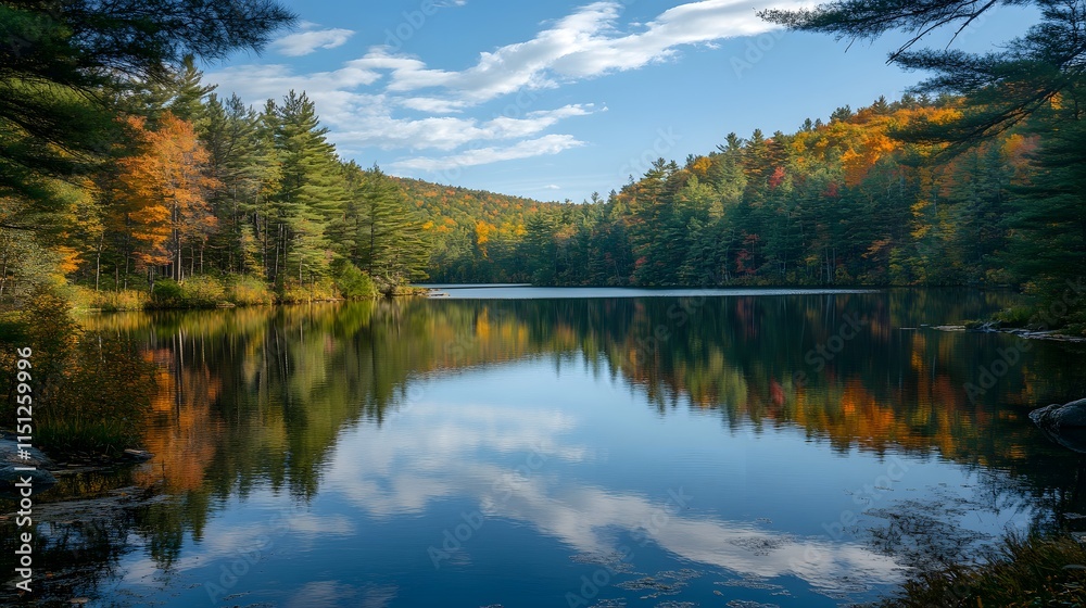 Scenic autumn landscape reflecting on a serene lake. Scenic autumn landscape reflecting on a serene lake.