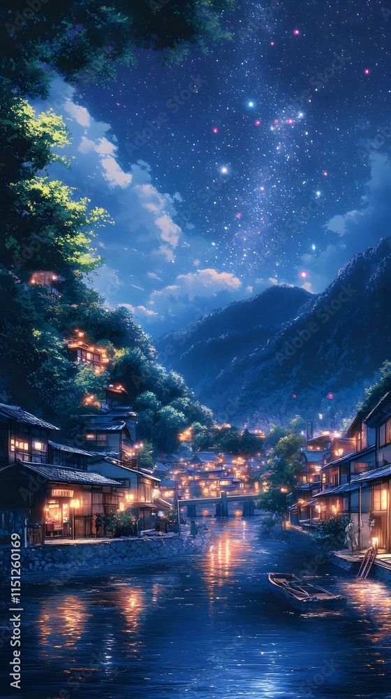 Obraz premium Serene night scene in a tranquil riverside village under a starry sky.