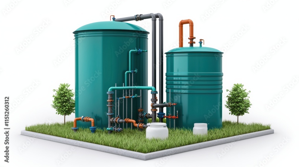 Two large green tanks with pipes, set on a grassy base, suggest a water treatment or storage system in a natural environment.
