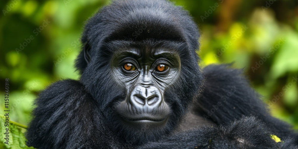 Close up of a wild mountain gorilla in its natural habitat, showcasing this rare and endangered species. The mountain gorilla, a big and charismatic creature, represents African wildlife. Close up of a wild mountain gorilla in its natural habitat, showcasing this rare and endangered species. The mountain gorilla, a big and charismatic creature, represents African wildlife.