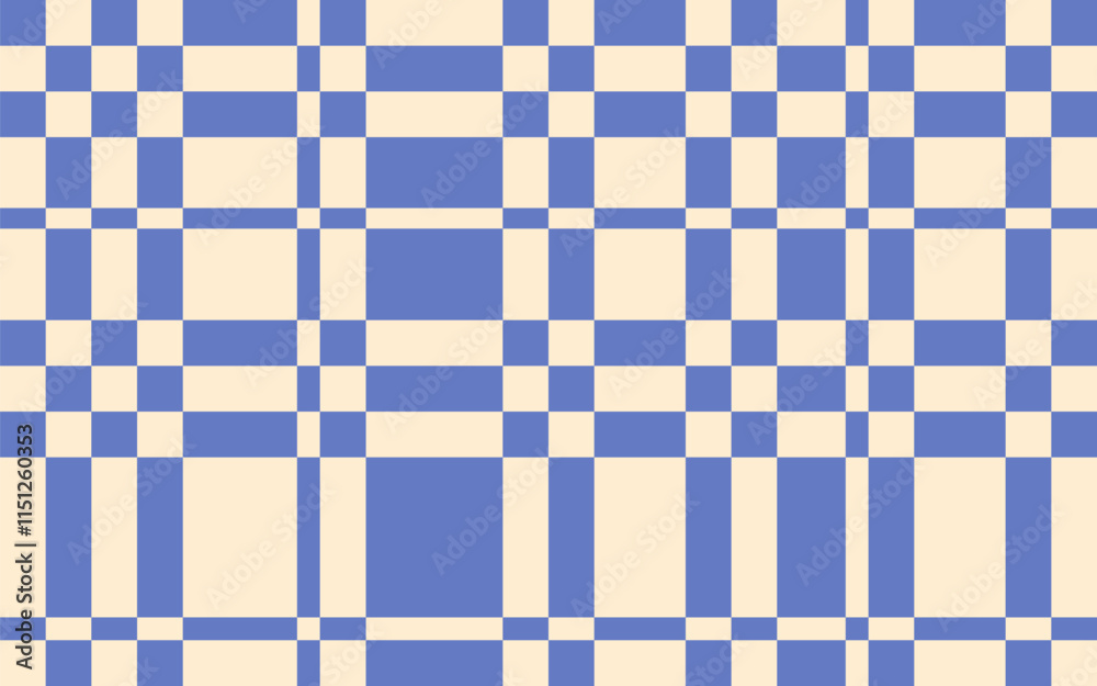 Abstract modern simple seamless horizontal blue checkered pattern with offset lines on light background, flat style