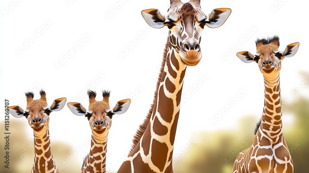 Fototapeta premium Four giraffes standing in a line, one of which is looking at the camera. The giraffes are all brown and white, with one of them being a baby. The scene is peaceful and serene
