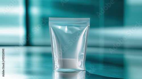 Resealable Poly Bag Holding Squalane Powder, Placed on a Metallic Surface with Futuristic Lighting for a Sleek, Clean Design photo