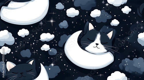 Cute cats snoozing on floating cushions shaped like crescent moons, surrounded by sparkly stars and wispy clouds in a magical night sky, serene and enchanting, hd quality. --ar 16:9 --sref https://s. photo