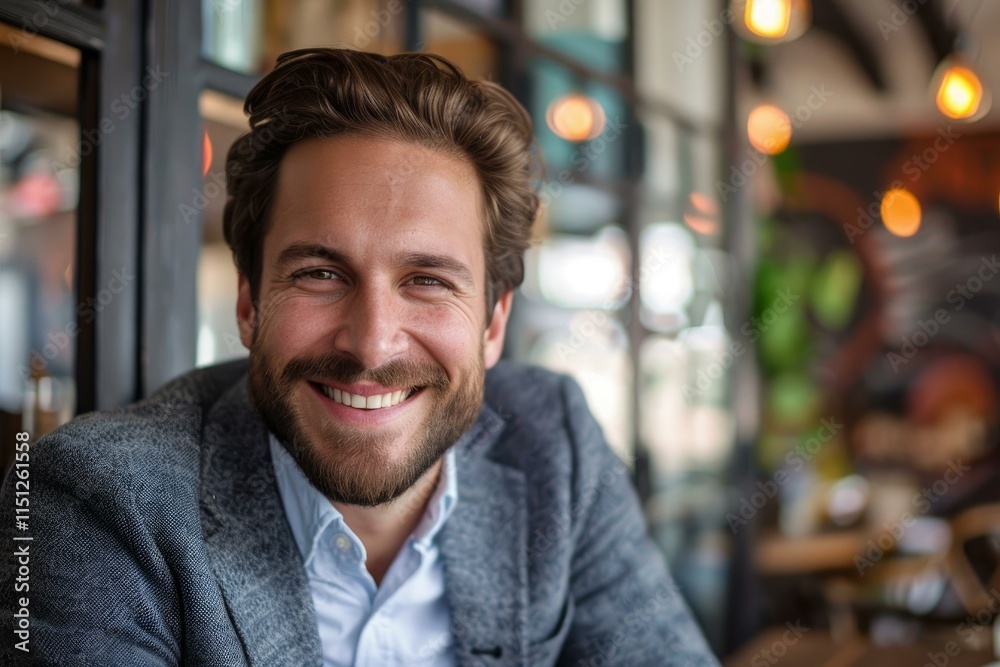 Obraz premium Portrait of a smiling businessman enjoying a relaxing break inside a coffee shop