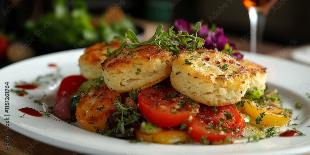 Vegetable salad with biscuits presented on a white plate. This vegetable salad with biscuits offers a healthy menu choice, showcasing freshness and flavor in every bite of the vegetable salad. Vegetable salad with biscuits presented on a white plate. This vegetable salad with biscuits offers a healthy menu choice, showcasing freshness and flavor in every bite of the vegetable salad.