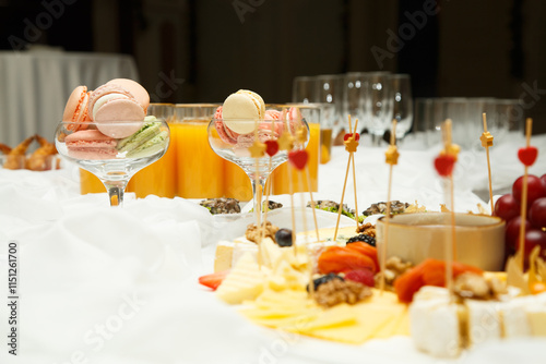 Buffet table on a white tablecloth