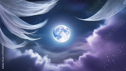 The clouds are feathery and delicate, with soft, rounded edges, and appear to be drifting lazily across the sky. The overall atmosphere is one of serene tranquility, with the moon's gentle illuminatio photo