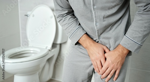 A man in pajamas in the toilet. Prostatitis. Health of a man. An adult male experiencing pain in groin area. A frequent desire to urinate. Discomfort. Bladder